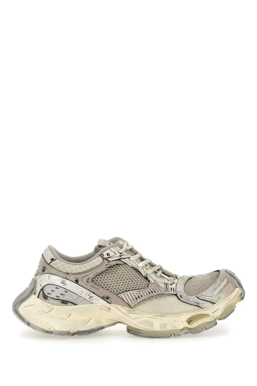 Balenciaga women’s stapler sneaker beige with beige and gray mesh upper and chunky translucent sole