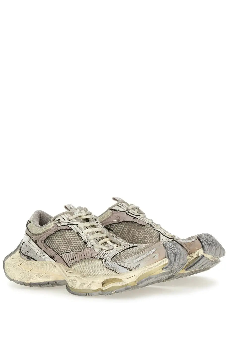 Balenciaga women’s stapler sneaker beige in distressed beige and gray with chunky sole and mesh upper