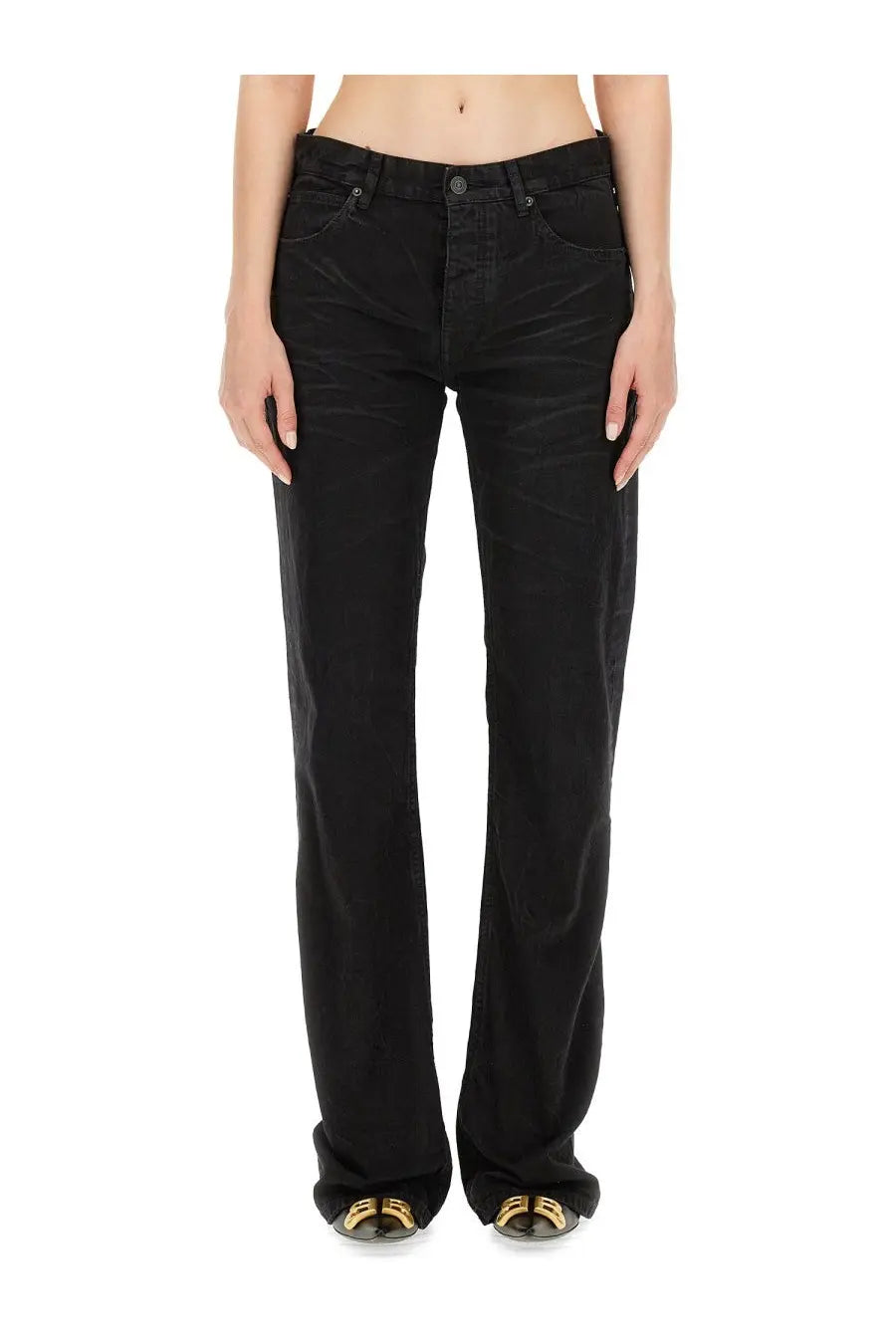 Balenciaga women’s black denim straight pants with a straight-leg cut and subtle fading details