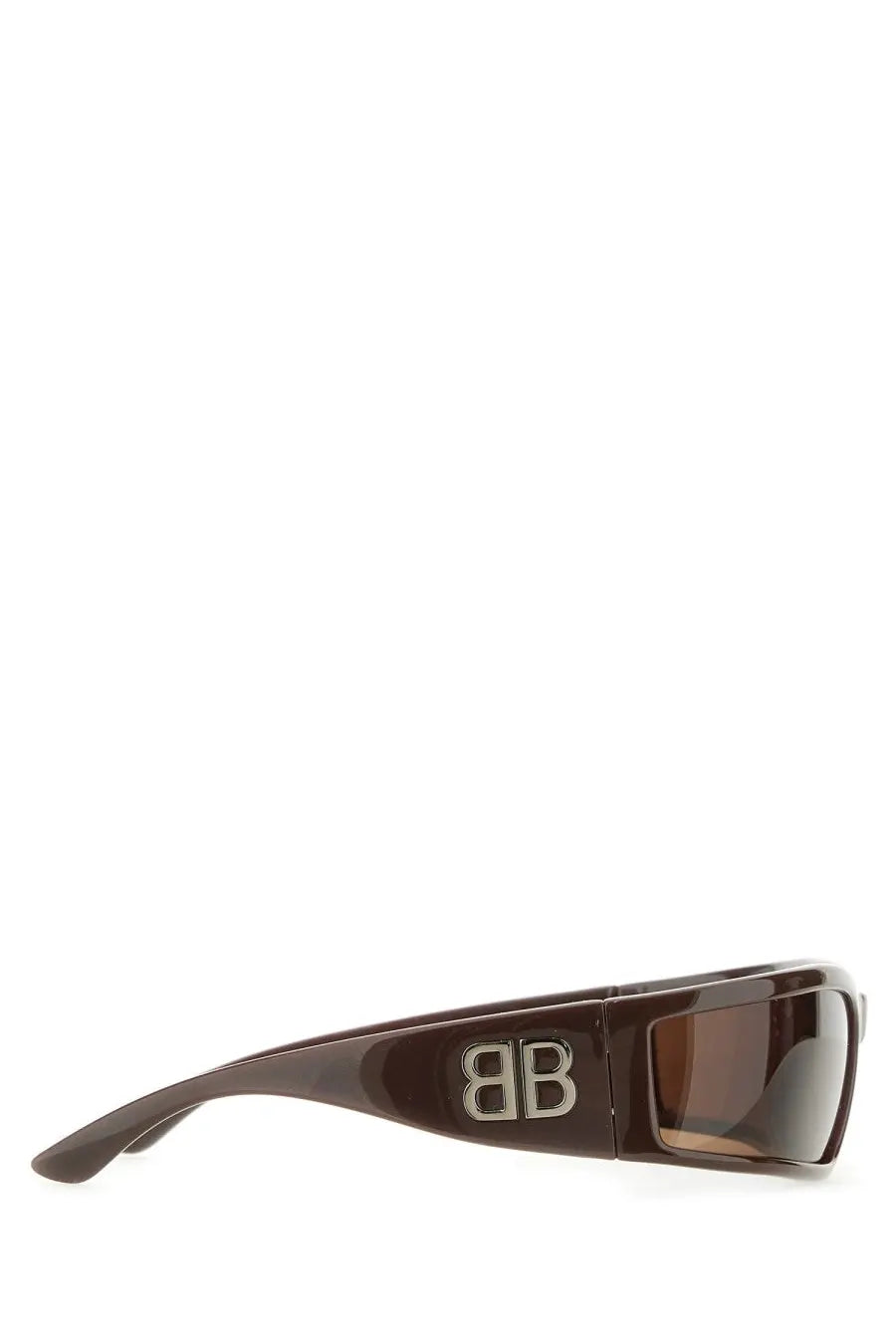 Balenciaga women’s sunset rectangle sunglasses in brown with glossy finish and silver bb logo on the temple