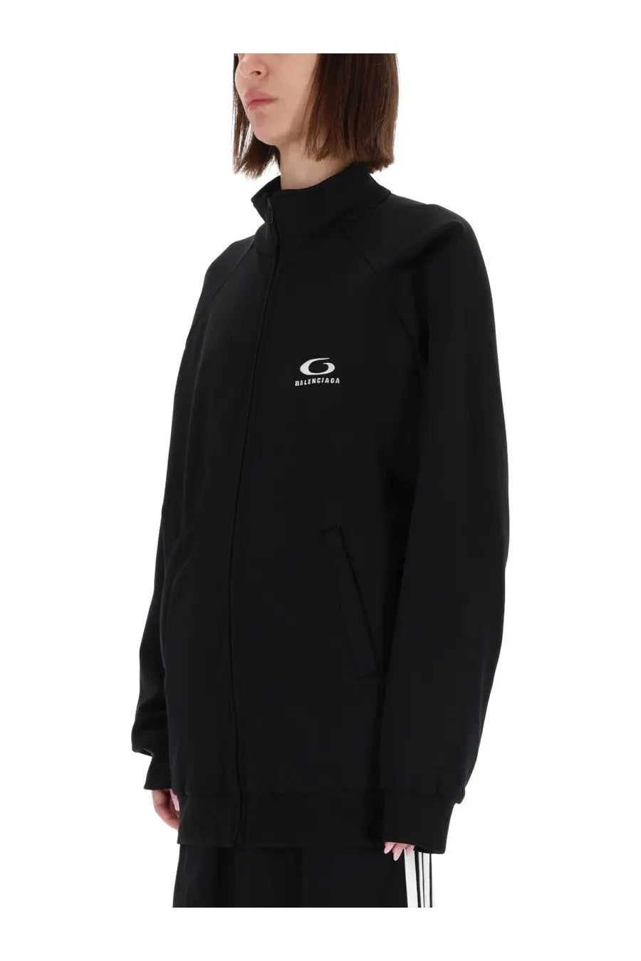 Balenciaga women’s black track jacket with white logo on chest made from comfortable sweatshirt material