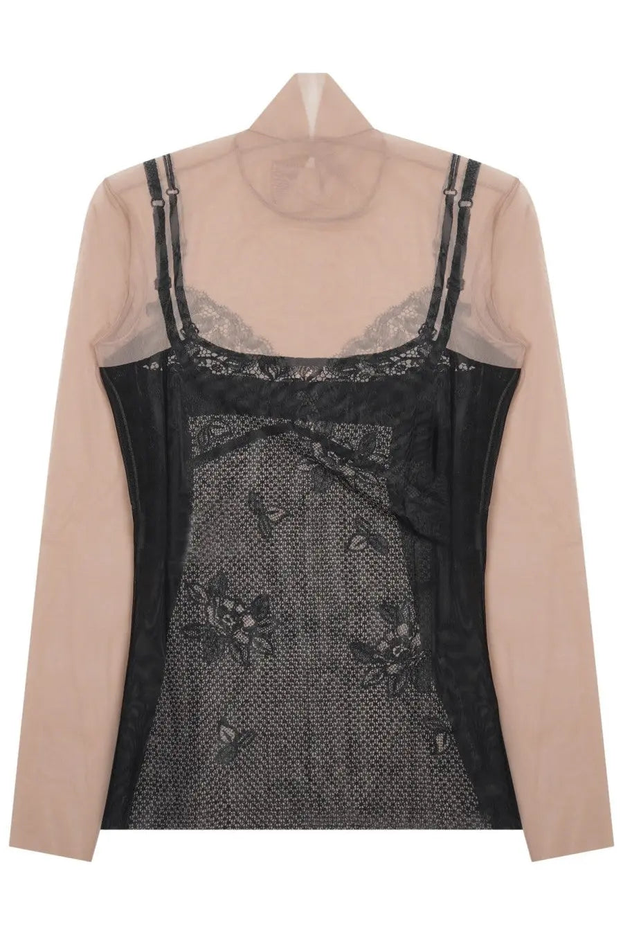 Balenciaga women’s black lace bodysuit with delicate floral embroidery and sheer mesh panels