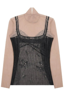 Balenciaga women’s black lace bodysuit with delicate floral embroidery and sheer mesh panels