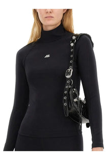 Balenciaga women’s tops black featuring a black crocodile-textured leather shoulder bag with silver-tone hardware and studs