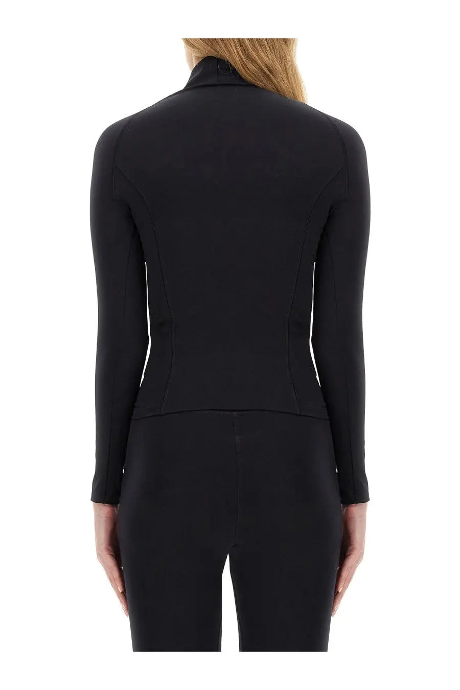 Balenciaga women’s black fitted long-sleeved top with high collar and subtle seam detailing