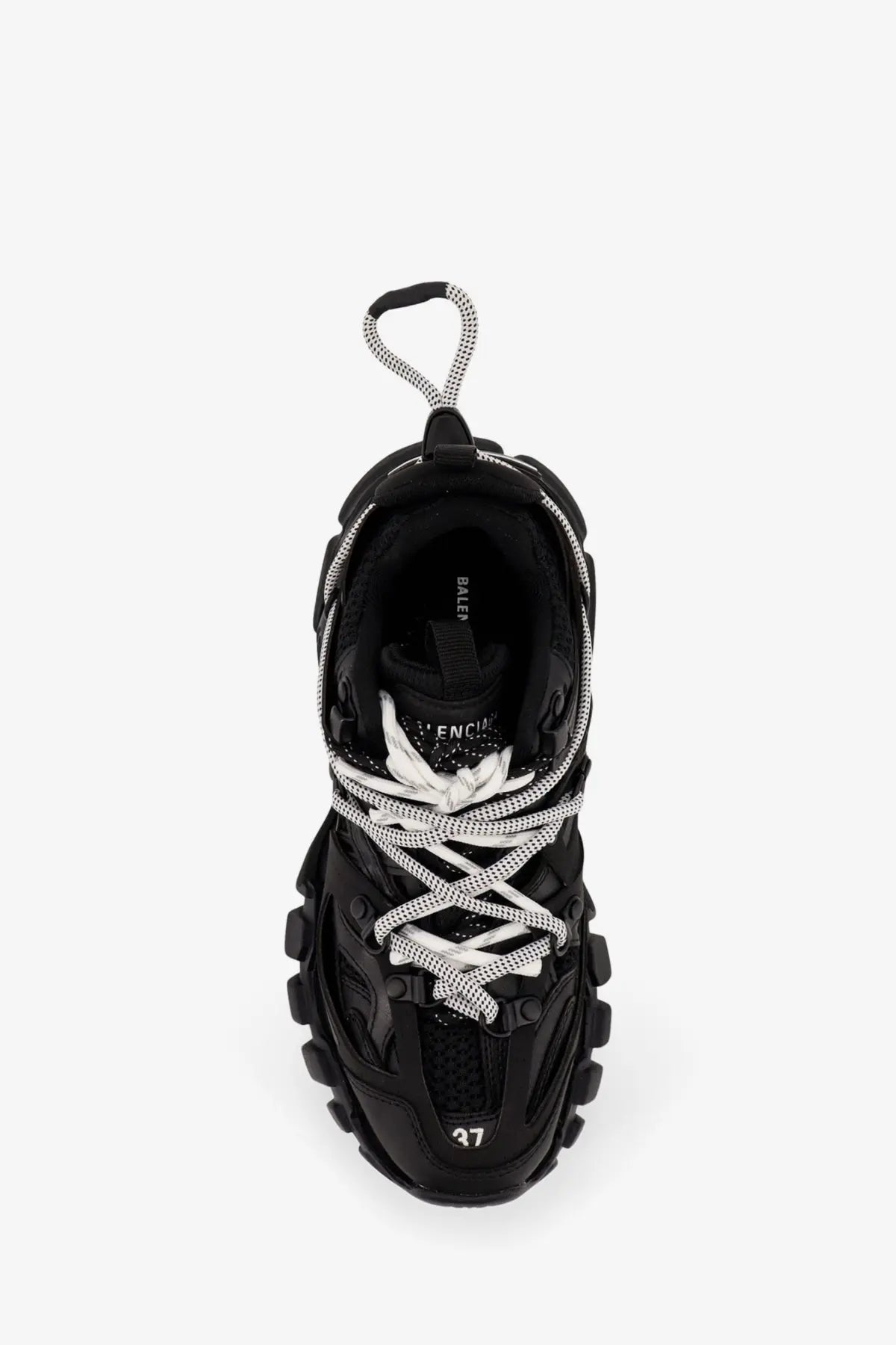 Balenciaga women’s track mesh sneakers in black with chunky rubber sole mesh upper and braided laces
