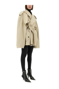 Balenciaga women’s trench cropped beige with belted waist and structured shoulders in lightweight fabric