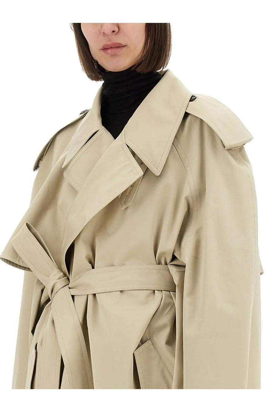 Balenciaga women’s cropped beige trench coat with belted waist and structured collar in lightweight fabric