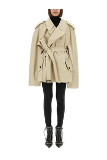 Balenciaga women’s trench beige cropped trench coat with belted waist and wide shoulder epaulets