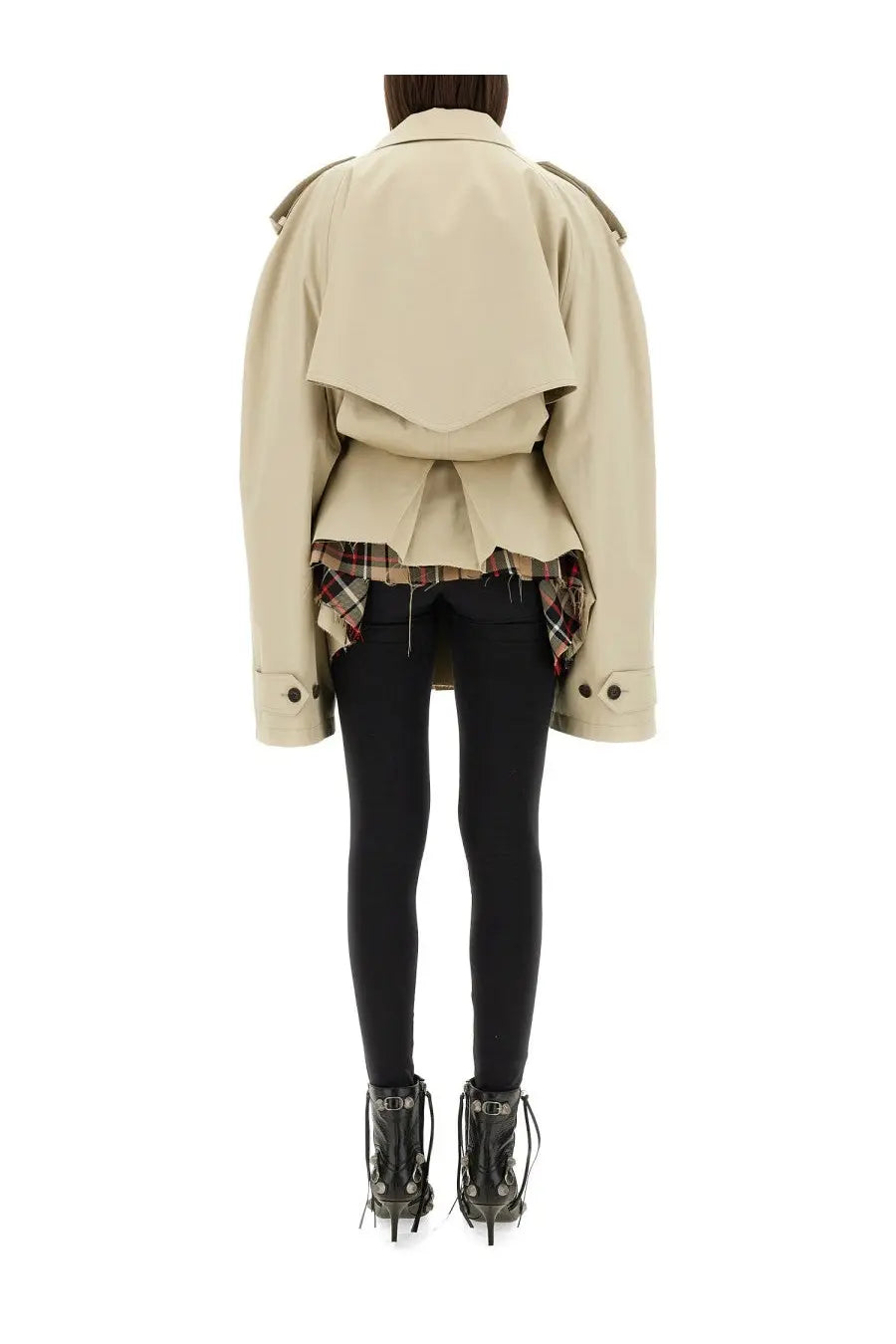 Balenciaga women’s trench cropped beige beige trench coat with layered peplum hem and plaid lining