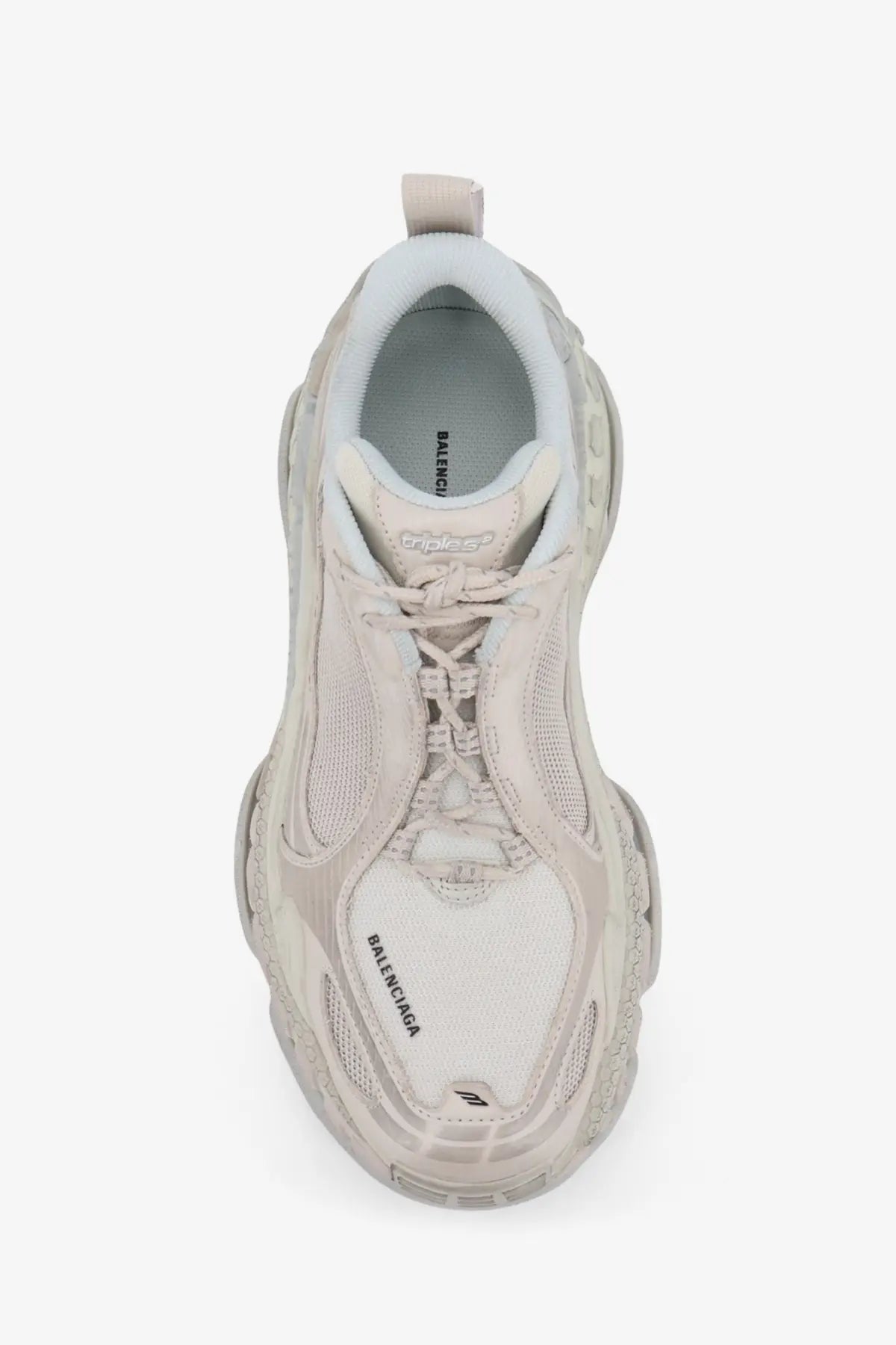 Beige balenciaga women’s triple s2 sneaker with mesh and synthetic overlays featuring chunky sole and logo detailing