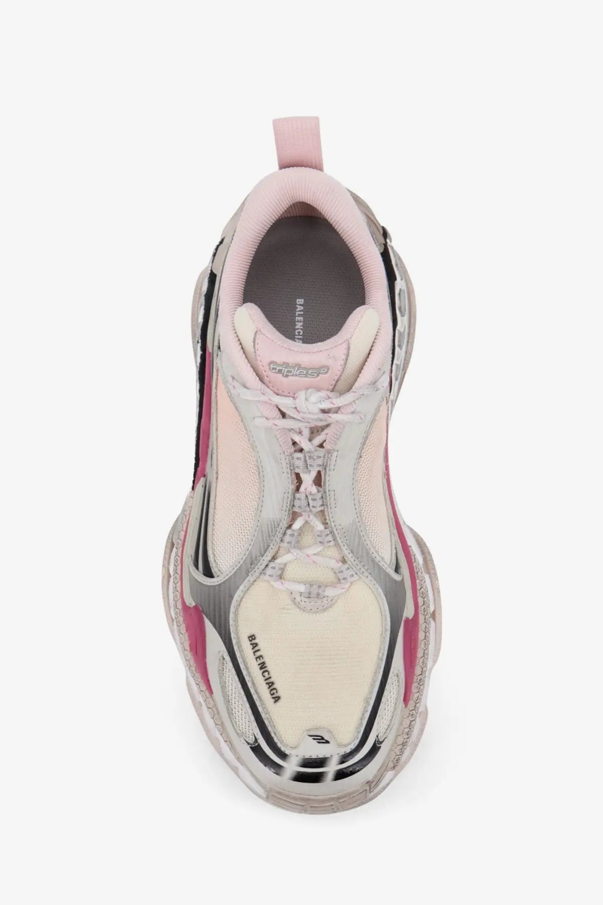 Balenciaga women’s triple s2 gradient sneakers in mesh and nylon purple with pale pink, off-white, and gray accents