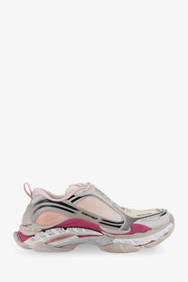 Balenciaga women’s triple s2 sneakers in mesh and nylon purple with pale pink, silver mesh, black accents, and magenta highlights