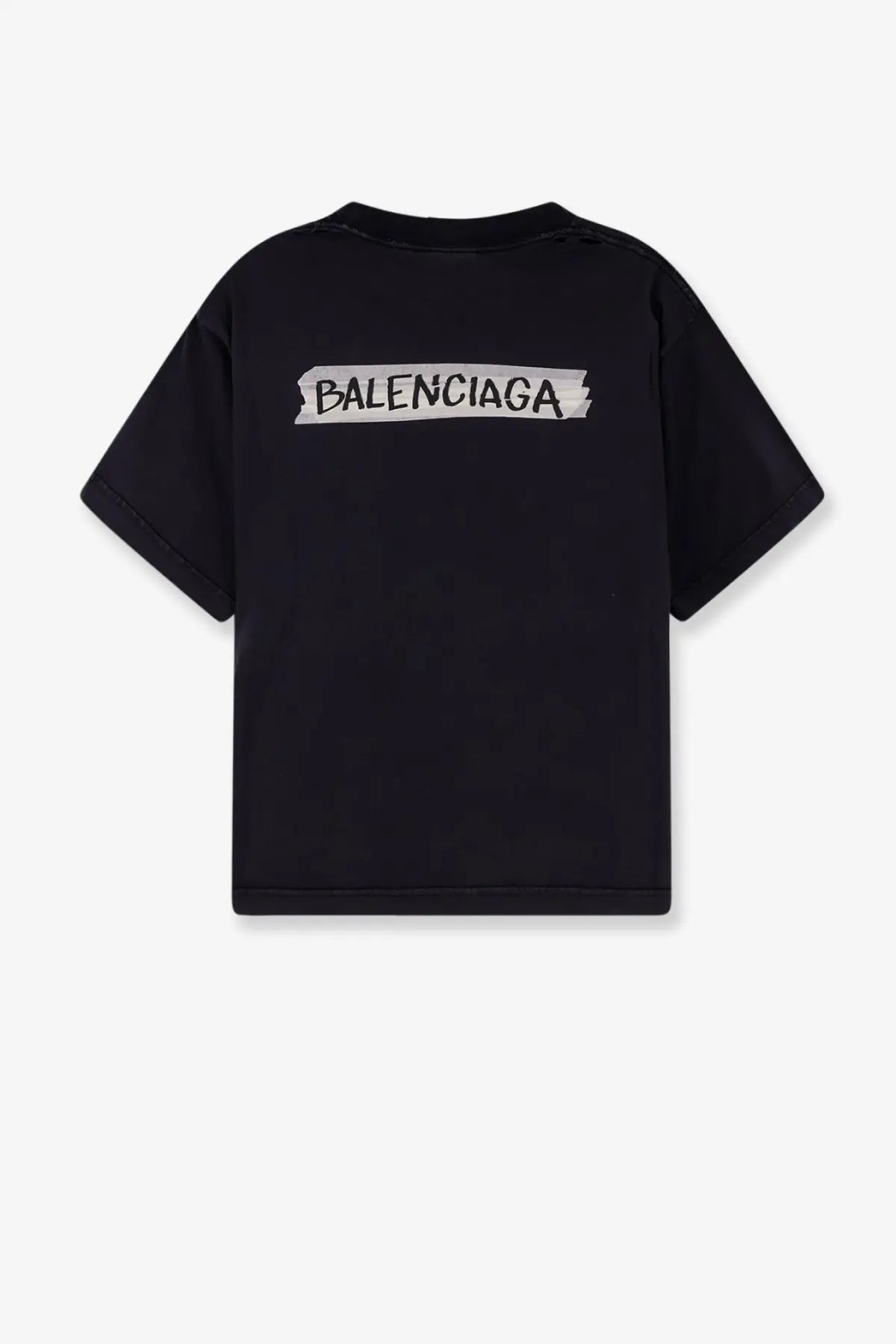 Back view of balenciaga womens used effect cotton black t shirt with white distressed tape style logo across back