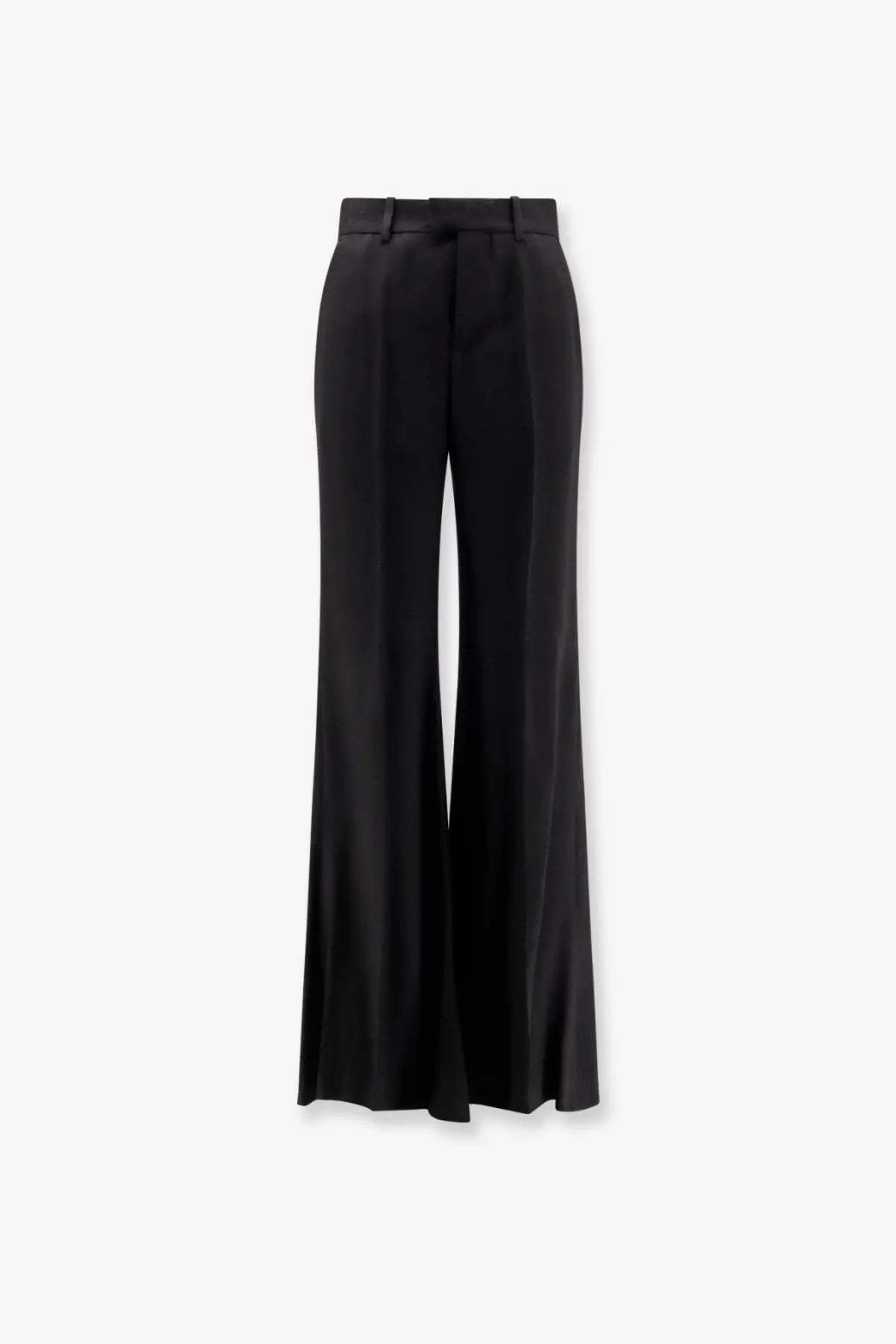 Balenciaga women’s viscose trousers black with high-waisted wide-leg design and sleek satin-like finish