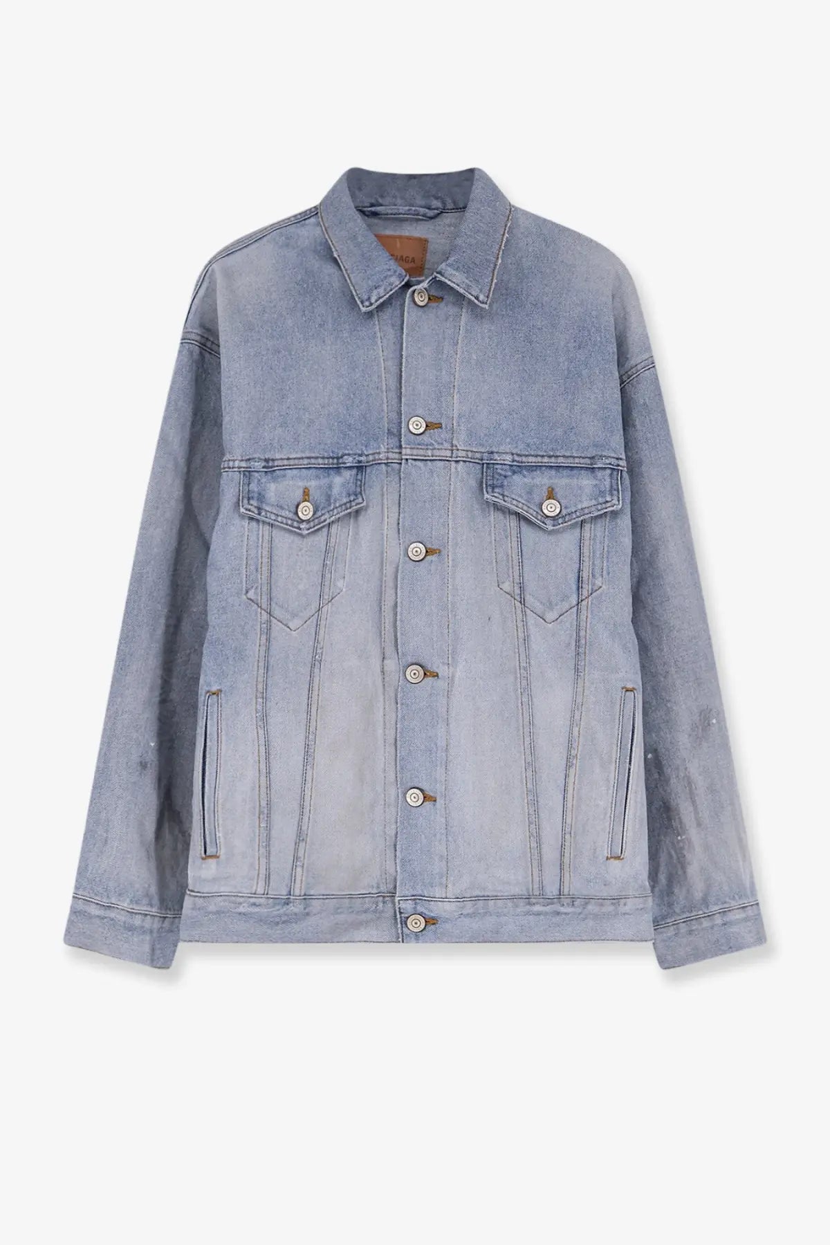 Balenciaga women’s washed out light-wash denim jacket with classic button front chest pockets and side slits in blue