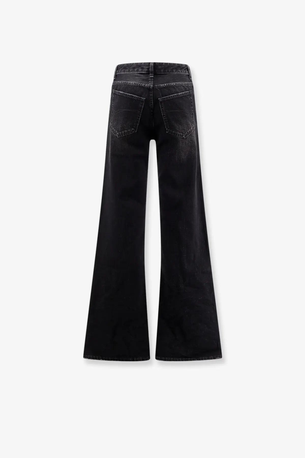 Balenciaga women’s wide leg black denim trousers featuring a straight cut and subtle fading at the thighs