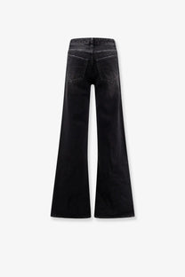 Balenciaga women’s wide leg black denim trousers featuring a straight cut and subtle fading at the thighs