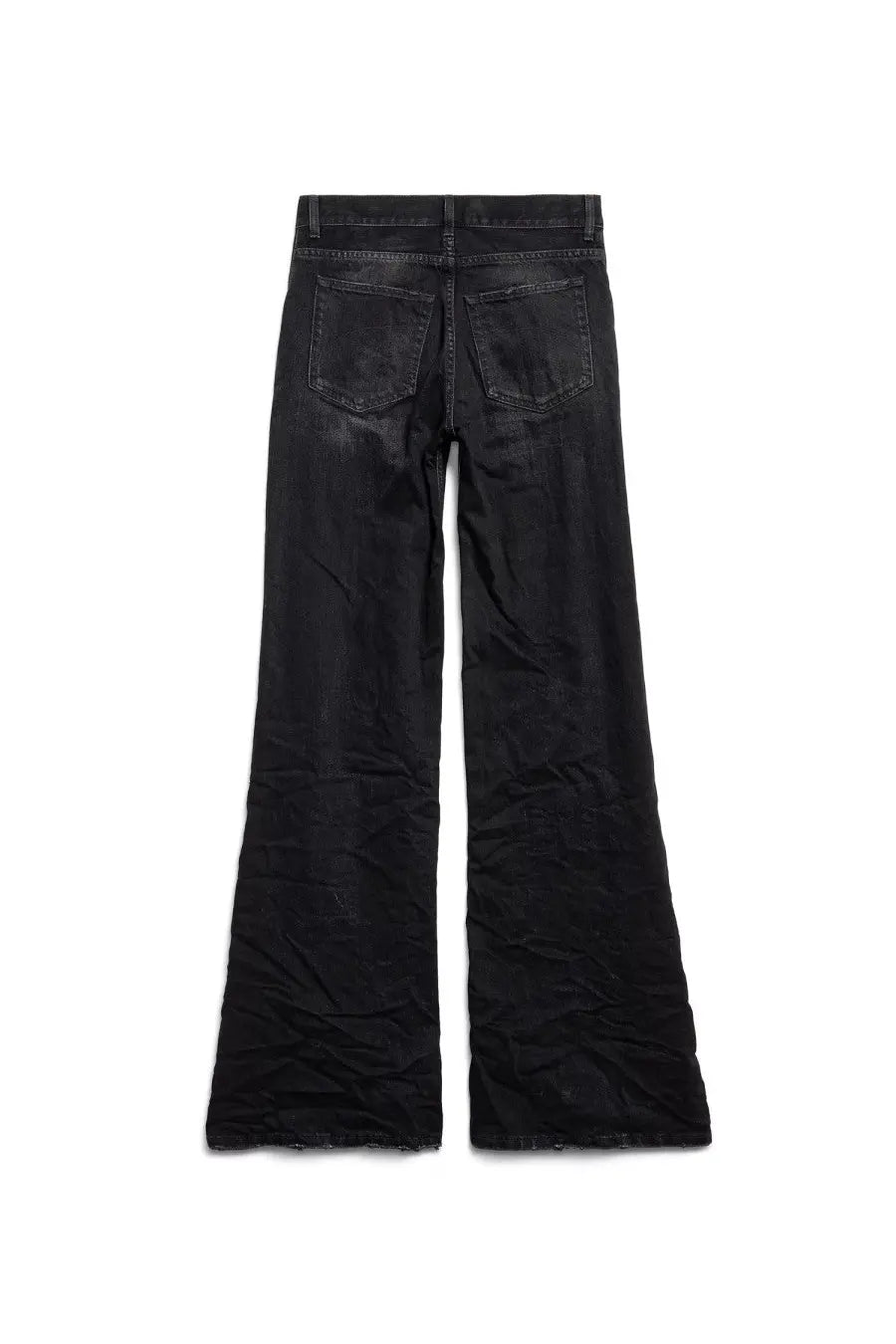 Balenciaga women’s black denim wide leg pants with a worn distressed finish shown from the back
