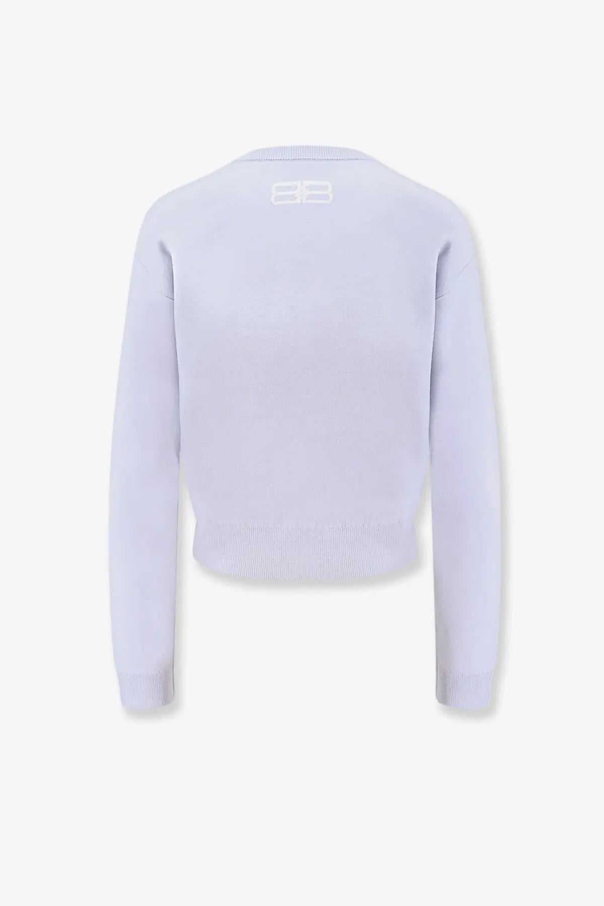 Balenciaga women’s wool and cotton blend lavender cropped knit sweater with ribbed texture and white logo at neckline