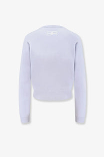 Balenciaga women’s wool and cotton blend lavender cropped knit sweater with ribbed texture and white logo at neckline
