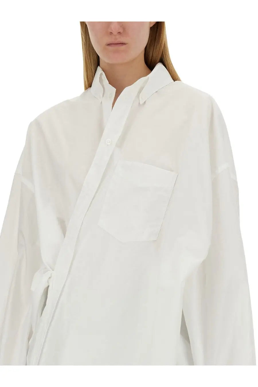 Balenciaga women’s white oversized button-up wrap shirt with front pocket and tied waist detail