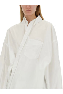 Balenciaga women’s white oversized button-up wrap shirt with front pocket and tied waist detail