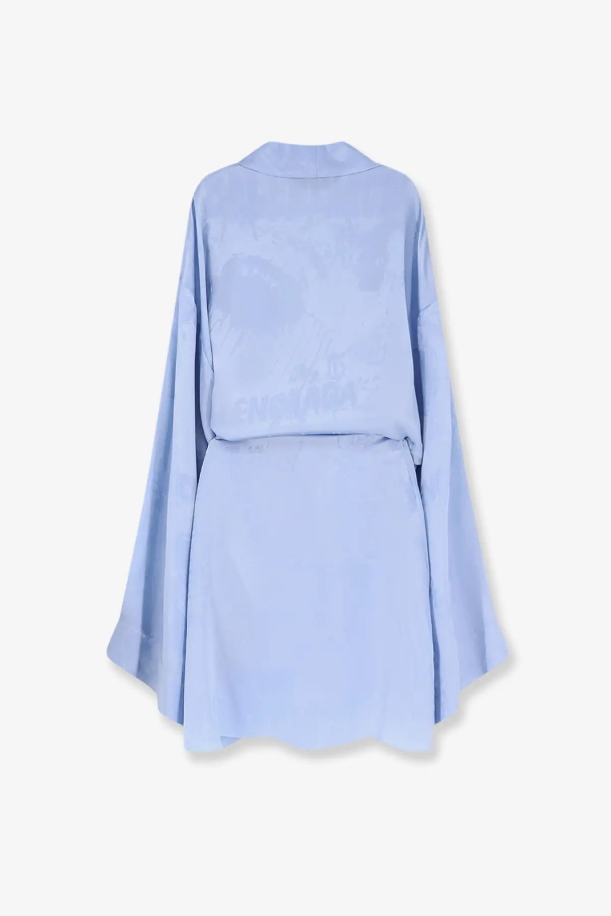 Balenciaga women’s light blue satin silk mini dress with cinched waist and flowing bell sleeves