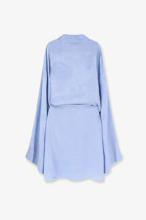 Balenciaga women’s light blue satin silk mini dress with cinched waist and flowing bell sleeves