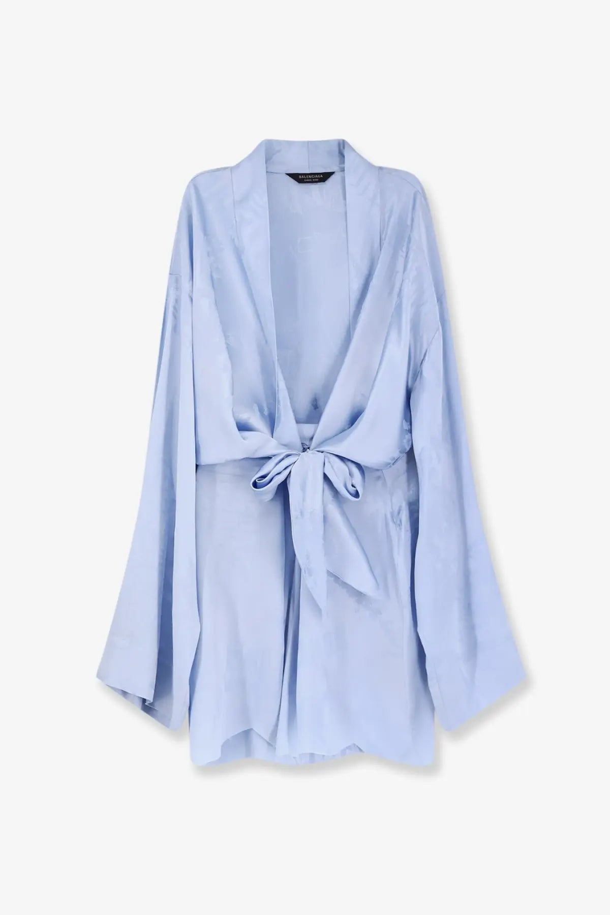 Balenciaga women’s wrap silk mini dress in blue featuring a light blue satin robe with tied waist and long sleeves