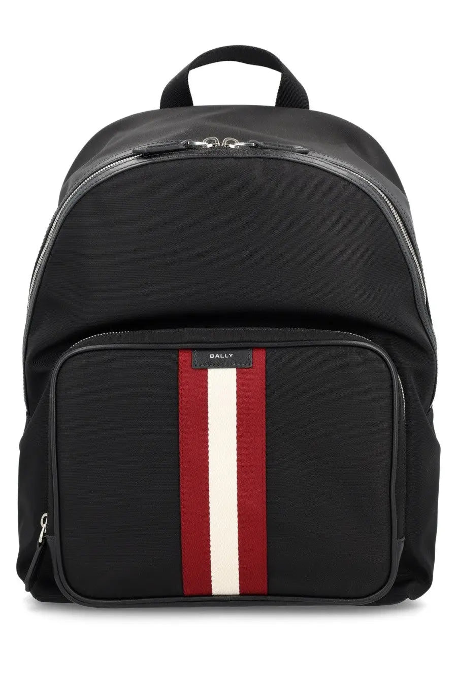Bally men’s backpack code black in black leather with red and white vertical stripe and silver zipper accents