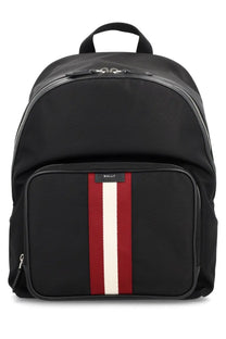 Bally men’s backpack code black in black leather with red and white vertical stripe and silver zipper accents
