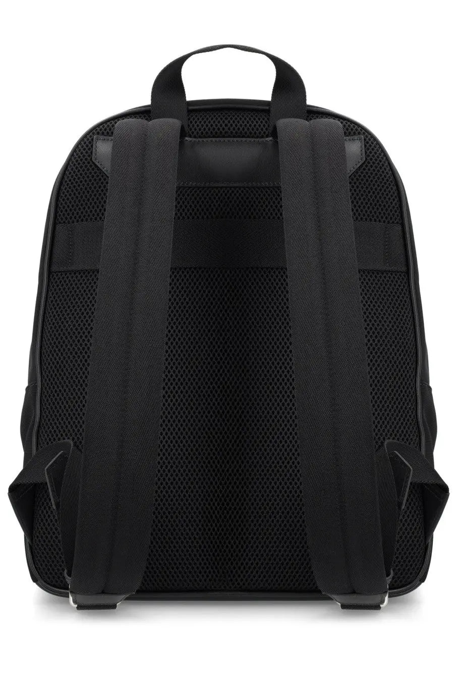 Bally mens backpack code black in black mesh with padded shoulder straps and a top handle shown from the back side