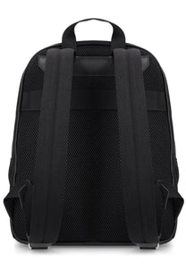 Bally mens backpack code black in black mesh with padded shoulder straps and a top handle shown from the back side