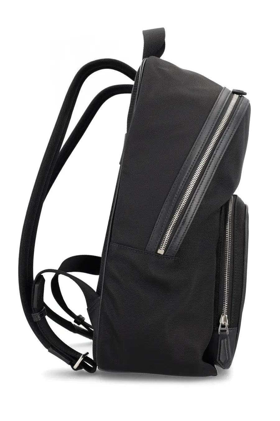 Bally men’s backpack code black black nylon backpack with leather trim and silver zippers front view