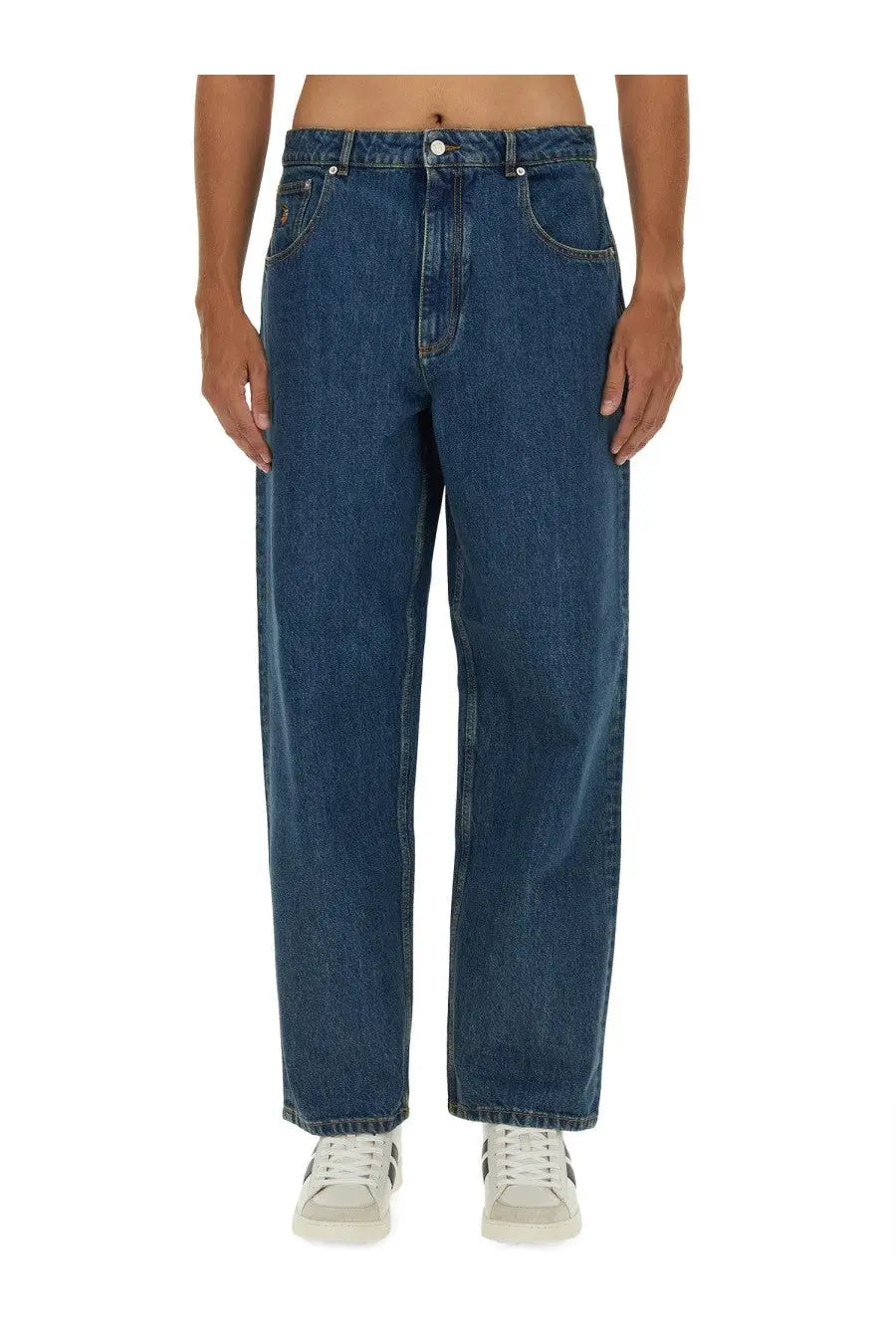 Dark blue denim Bally men’s baggy fit jeans with relaxed wide-leg cut and classic five-pocket design