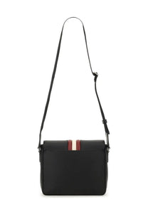 Bally men’s borsa mythos black crossbody bag with sleek minimalist design and vertical red and white stripes on front flap