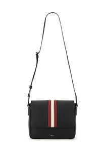 Bally men’s borsa mythos black leather crossbody bag with cream and burgundy central stripe