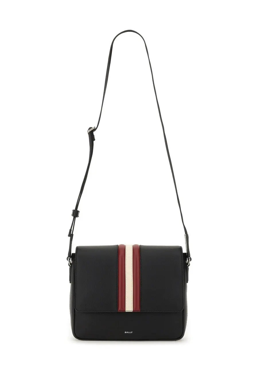 Bally men’s borsa mythos black leather crossbody bag with cream and burgundy central stripe