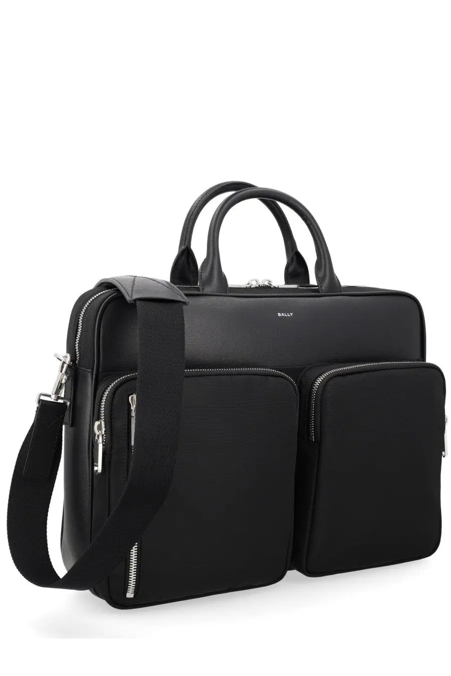 Bally men’s cartella vogel black leather briefcase with dual top handles and detachable shoulder strap