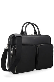 Bally men’s cartella vogel black leather briefcase with dual top handles and detachable shoulder strap