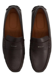 Dark brown leather Bally men’s moccasin driver pilot loafers with textured surface and stitched detailing