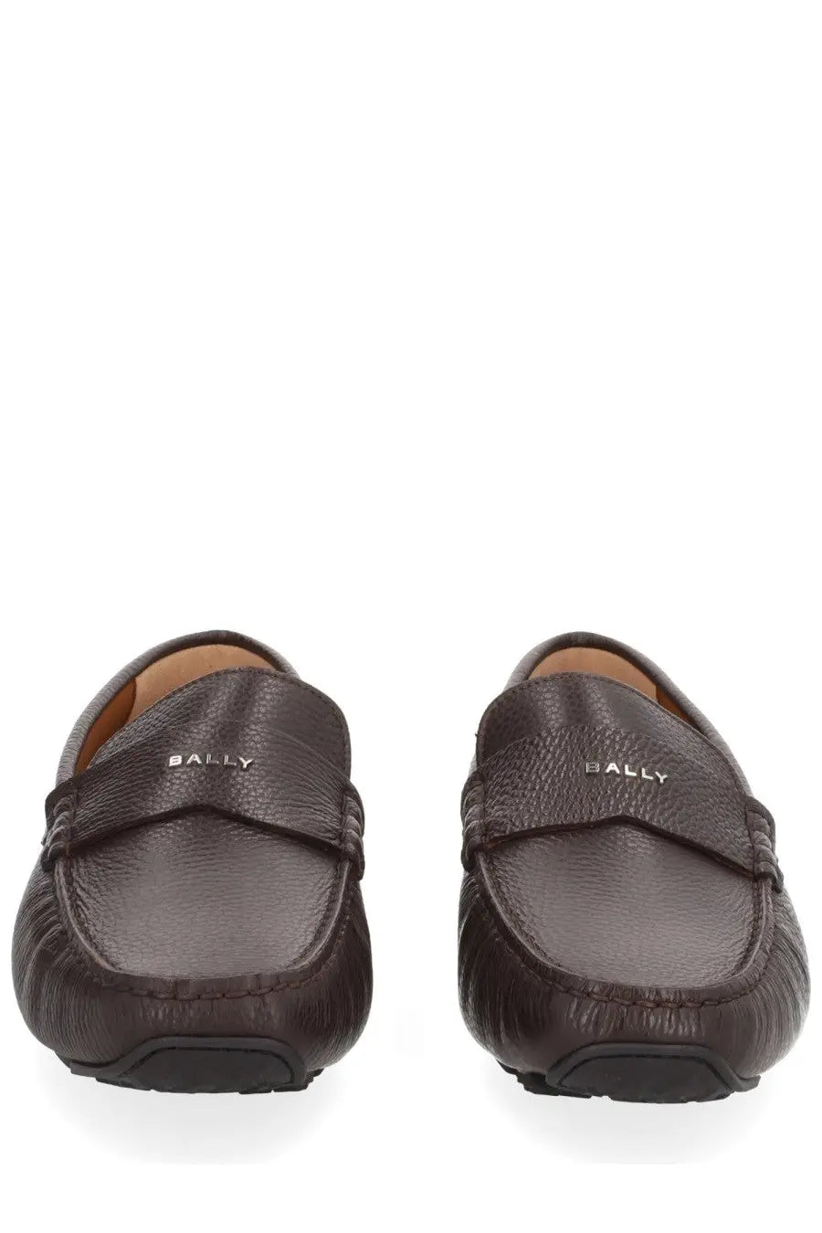 Bally men’s moccasin driver pilot brown leather loafers with textured surface and stitched detailing