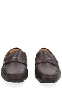 Bally men’s moccasin driver pilot brown leather loafers with textured surface and stitched detailing