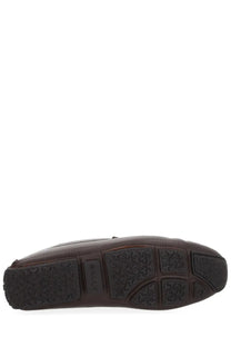 Bally men’s moccasin driver pilot brown loafers in brown leather with textured sole and embossed logo visible