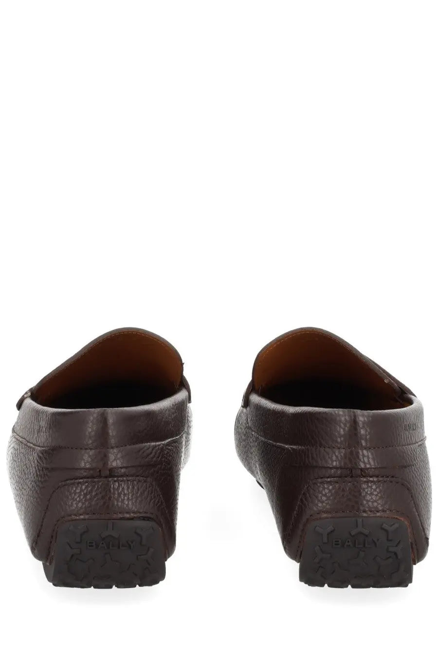 Brown leather loafers with textured surface and black rubber soles from bally men’s moccasin driver pilot brown