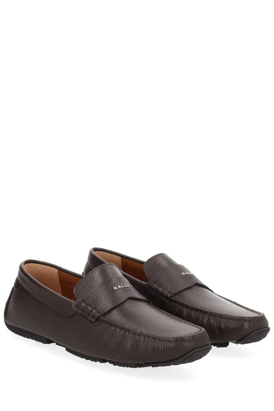 Brown leather bally men’s moccasin driver pilot loafers with textured surface and subtle stitching details