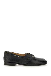 Bally men’s moccasin pathy black leather boat shoe with gold-toned eyelets and low heel