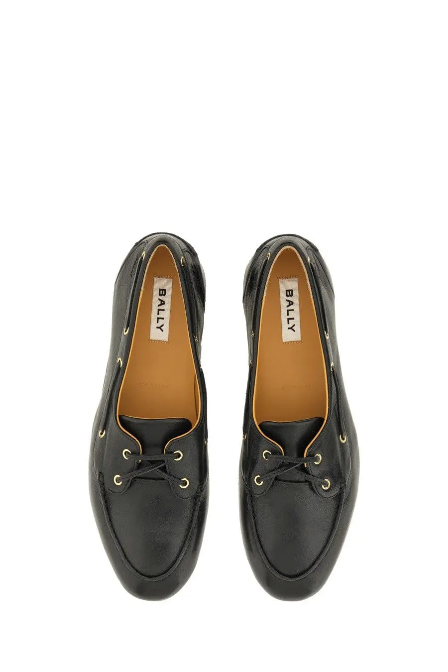 Bally men’s moccasin pathy black black leather boat shoes with gold toned eyelets and laces