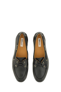 Bally men’s moccasin pathy black black leather boat shoes with gold toned eyelets and laces